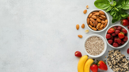 healthy fitness meal with fruits and nuts on clean background, with copy space for text