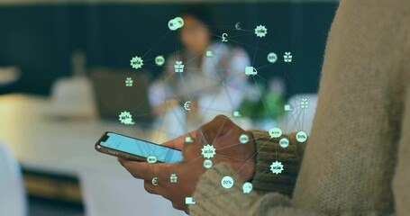 Poster - Animation of globe of network of connections with icons over african american woman using smartphone