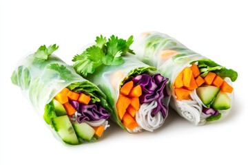 Canvas Print - Vegan Vietnamese spring rolls with peanut butter sauce veggies and rice noodle White background