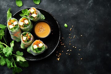 Sticker - Vegan tofu rolls with peanut sauce on black background