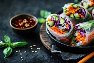 Wall Mural - Vegan Vietnamese spring rolls with spicy sauce veggies and rice noodles Delicious and photo ready