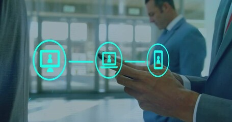 Poster - Animation of network of connections with icons over caucasian man using smartphone