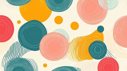 Poster - Playful Whimsical Seamless Pattern with Abstract Lines and Colorful Circles | Joyful Artistic Background Design
