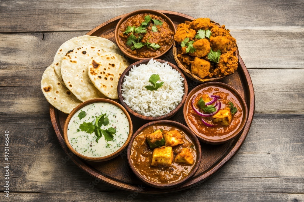 Thali Rice Food Vegetarian Indian Thali with paneer dal chole kofta gulab jamun aloo ...