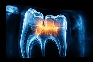 A blue-hued dental X-ray image highlights a compromised tooth, illustrating the advancements in medical imaging and the critical importance of maintaining oral health.