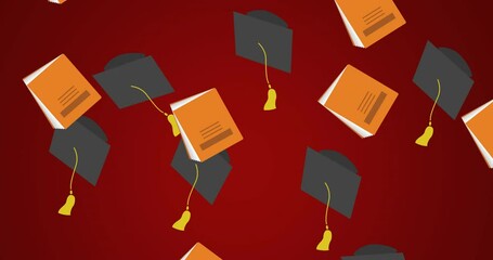 Poster - Animation of graduation hats and book icons over red background