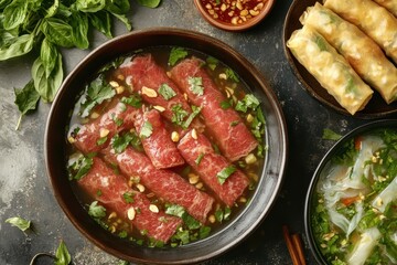 Canvas Print - Vietnamese beef pho and spring rolls arranged in a flat lay composition