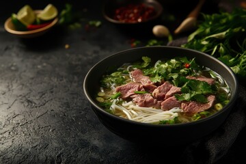 Poster - Vietnamese Pho Bo soup with rice noodles beef herbs on dark background