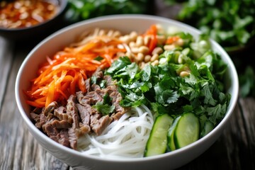 Sticker - Vietnamese salad Bun Bo Nam Bo with beef noodles herbs pickled veggies and fish sauce