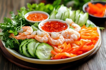 Sticker - Vietnamese salad with shrimp vegetables and red sauce