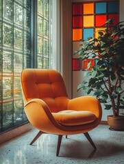 Poster - A Comfortable Orange Armchair by a Window with a Colorful Stained Glass Panel