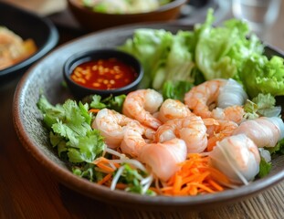 Canvas Print - Vietnamese shrimp salad with veggies and spicy sweet red sauce