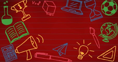 Poster - Animation of school icons with copy space over red background
