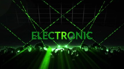 Poster - animation of electronic text over people dancing on black background