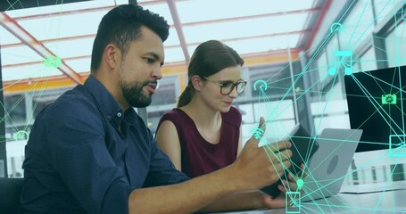 Poster - Animation of globe of connections with icons over diverse businesspeople using electronic devices