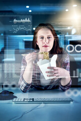Poster - Portrait, woman, lunch or computer overlay for trading with food for blockchain or web research. Trader, eating or dashboard for stock market forecast with technology, snack or noodles meal on break