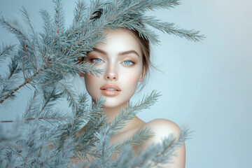 portrait of beautiful young woman with winter pine or spruce branch. healthy clean fresh skin natura