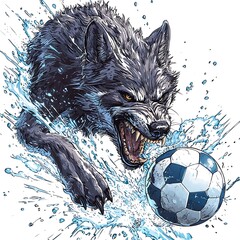 Wall Mural - Aggressive wolf with fangs bared, leaping to catch a soccer ball with water splashing around it