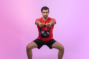 Full body length gaiety shot athletic and sporty young man with fitness in squat exercise posture on isolated background. Healthy active and body care lifestyle.