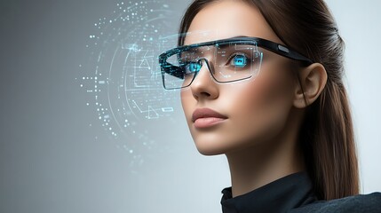 Poster - Woman with futuristic smart glasses and augmented reality interface. Technology, innovation, future concept.