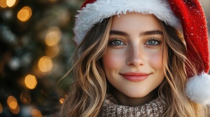 Wall Mural - Positive young woman in christmas santa hat