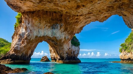 Natural stone arch framing a view of a tropical paradise.