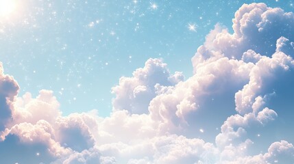 Ethereal Cloudscape: Dreamy Illustration of Fluffy Clouds in a Shimmering Sky