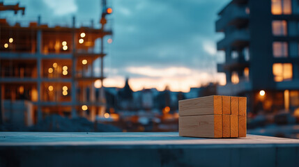 A set of wooden blocks placed on a surface with a blurred background showing an urban construction site at dusk.