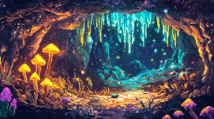 Poster - Magical Fantasy Cave Entrance with Glowing Mushrooms and Crystal Formations