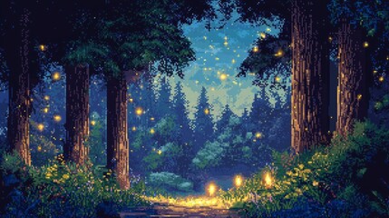 Wall Mural - Enchanted Forest Night with Fireflies and Pixel Art Style