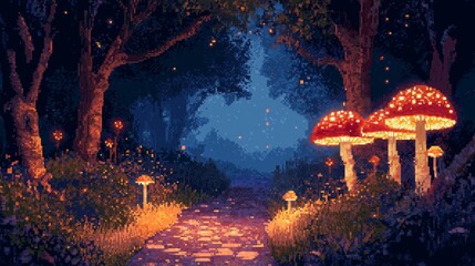 Poster - Enchanting Night Forest with Glowing Mushrooms and Stone Path