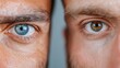© LifeMedia - An extremely close-up image focusing on the eyes of two men standing side by side, one with vibrant blue eyes and the other with deep brown eyes, emphasizing their contrasting gazes.