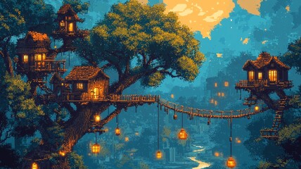 Wall Mural - Fantasy Treehouse Village at Night with Lights and Bridge