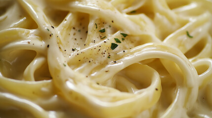 Wall Mural - a close-up, top-down view of fettuccine alfredo, filling the entire frame with the focus on the pasta's intricate details