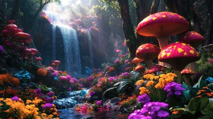 Vibrant fairy land filled with colorful plants, glowing mushrooms, and enchanted waterfalls, captured in a realistic fantasy landscape