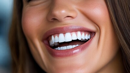 a close-up image of a woman smiling broadly, showing her perfect white teeth, with her face partiall