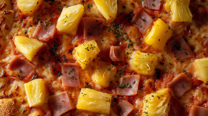 a close-up, top-down view of hawaiian pizza, filling the entire frame with the focus on the unique toppings