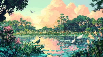 Wall Mural - Pixelated Sunset Landscape with Birds and Lake