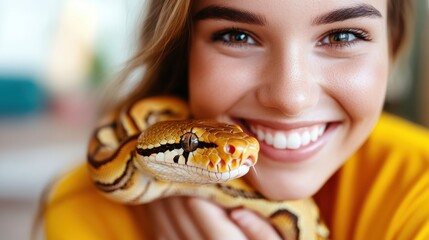 A young woman with a bright smile holds a yellow and white snake, creating a friendly and captivating image that blends beauty with a hint of adventure.