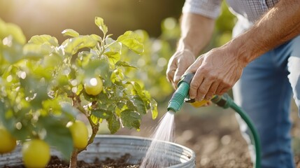 Detailed view of hands watering plants with a hose in a garden, illustrating the careful attention and effort put into nurturing and growing organic plants in an eco-conscious manner.