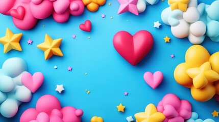 Poster - Colorful 3D Pop Frame with Stars, Hearts, and Clouds - Playful and Dynamic Background Design