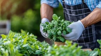 Wall Mural - A gardener wearing gloves and an apron, carefully picking fresh green herbs from a lush garden, showcasing the importance of organic farming and eco-friendly practices.