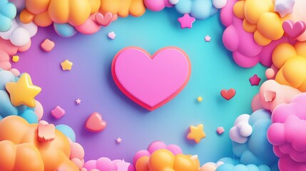 Poster - Colorful Pop Frame Background with 3D Stars, Hearts, and Clouds | Vibrant Illustration of Playful Elements for Design Projects