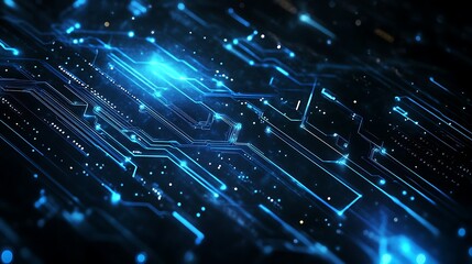 Poster - Glowing Blue Circuit Board with Diagonal Lines and Points of Light