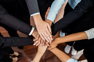 Wall Mural - Multiracial business people make synergy hand stack together in meeting room as cooperation or team building for corporate employee in workplace. Meticulous