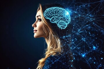 Poster - Connectome neuroadaptive neural computing brain holography and connectome mapping calm woman with sketched brain concept and deep thought against soft background