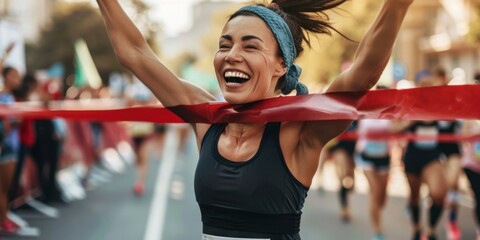 Close-up of a woman in athletic wear, crossing the finish line of a marathon with a triumphant expression