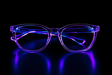 Glowing neon eyeglasses silhouette isolated on black background.