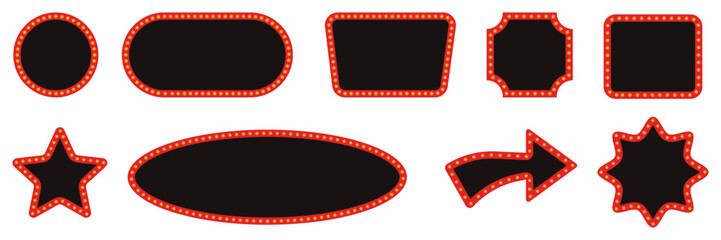 Set of neon marquee billboard collection. Realistic retro square circle, star  shape marquee billboard symbol. Vector Illustration.