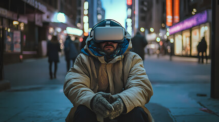 Editorial photo of a homeless individual wearing vr goggles on a city street, blending realism and technology. Realism. Illustration